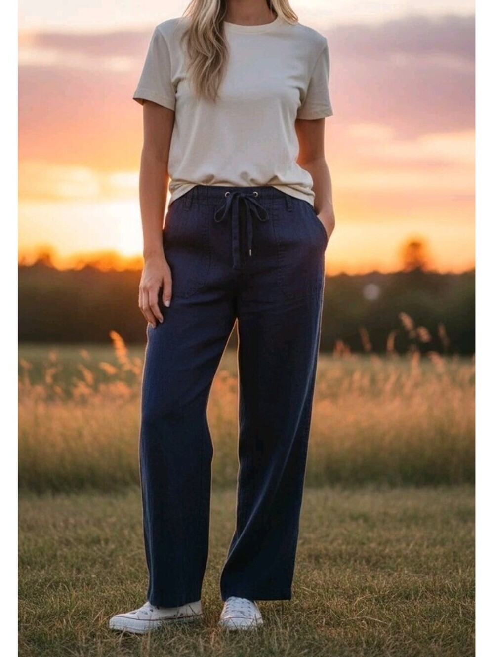 Just Living Womens Navy Blue Linen Drawstring Pants Size Large Wide Leg Casual L
